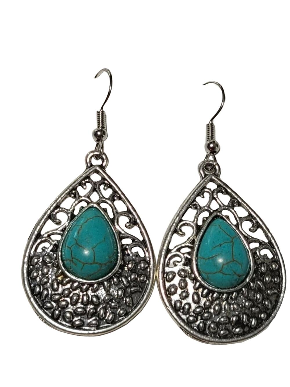 Silver Turquoise Stone Drop Dangle Fashion Earrings
